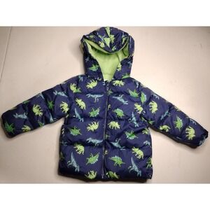 Old Navy Kids Dinosaur Puffer Jacket Water Resistant Hooded Navy Green 18 24M
